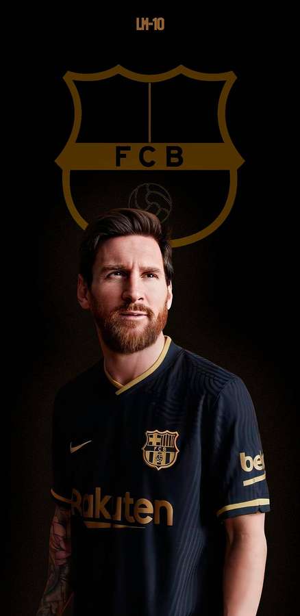 Lionel Messi trägt ein FC Barcelona-Trikot mit goldenen Details und Vereinswappen. — Messi 2021 Bilder