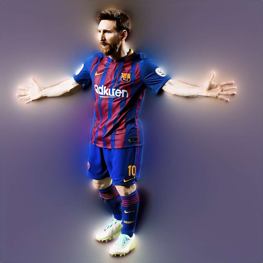 Football player in blue and red striped jersey with arms outstretched. — Messi Barcelona Background