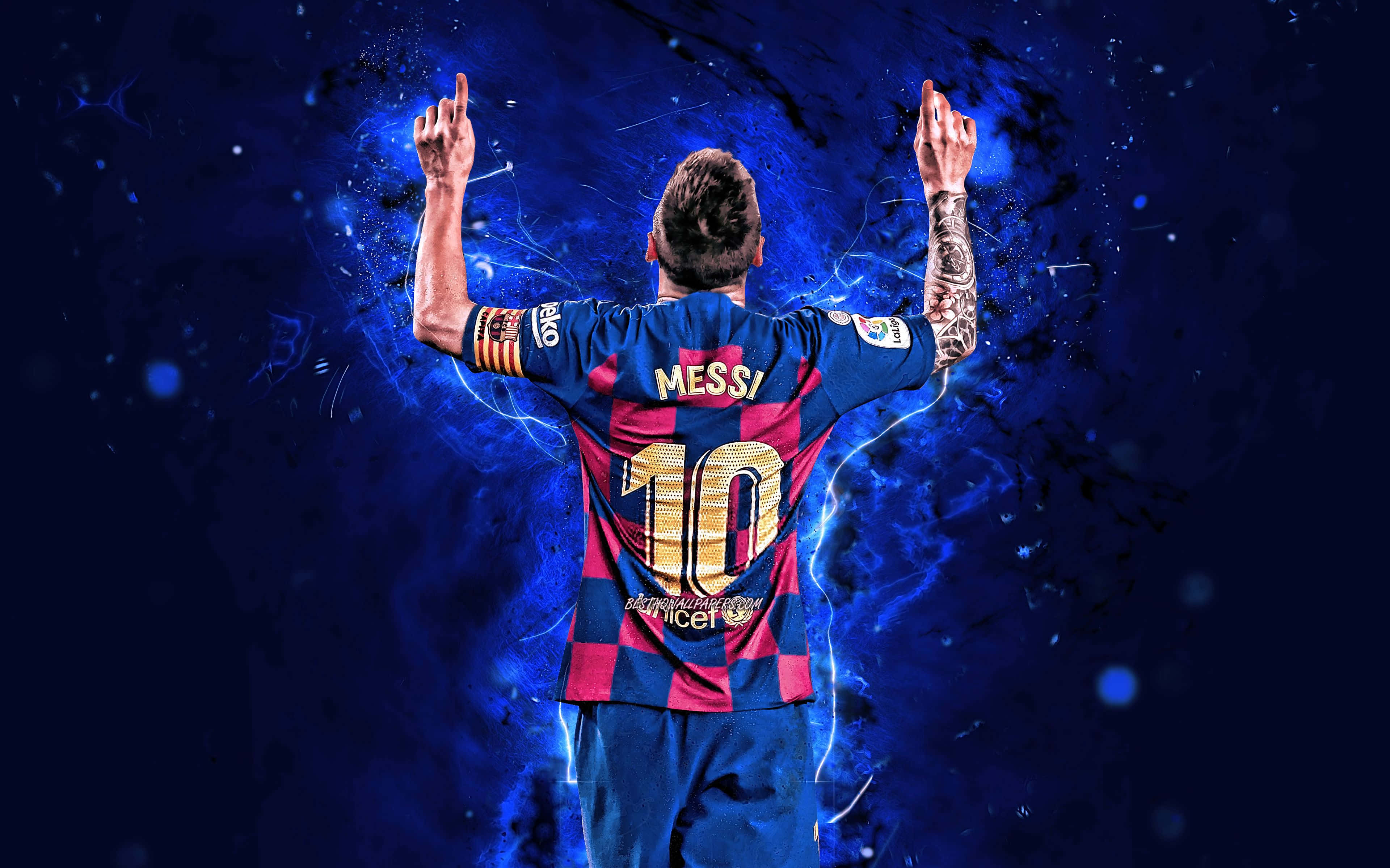 Footballer Messi in blue red jersey celebrating with arms raised against electric blue cosmic background. — Messi Cool Background