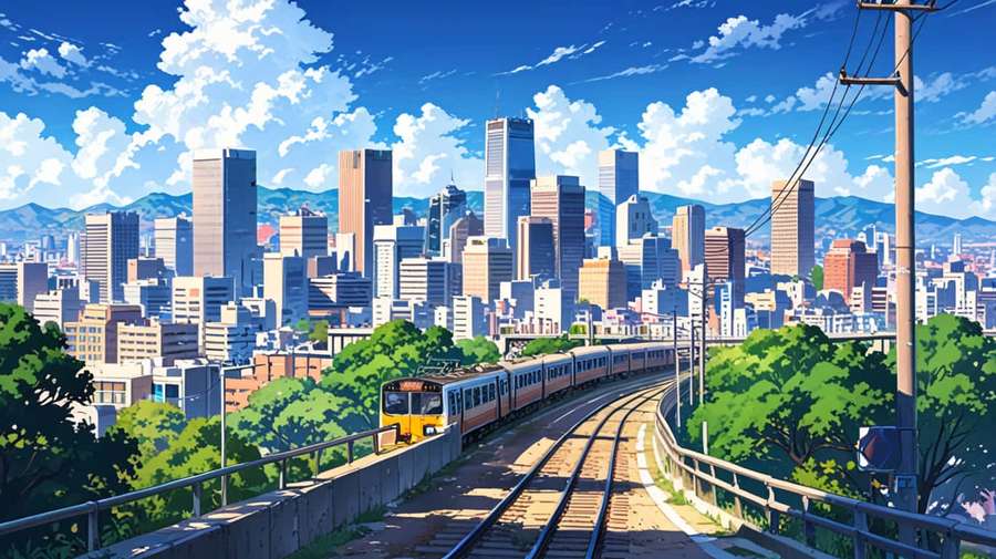 A colorful train travels along elevated tracks through trees toward a modern city skyline. — Metro Background