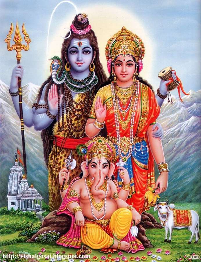 Hindulaiset jumaluudet Shiva Parvati ja Ganesha valkoisen härän kanssa vuoristomaisemassa. — Metsän Näkymä Taustakuvat