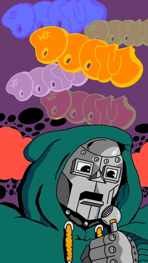Sarjakuvarobotti vihreässä hupussa pitää mikrofonia, ja värikkäät kuplakirjaimet kelluvat takana. — Mf Doom iPhone Taustakuvat