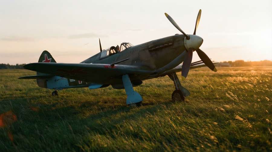 MiG-3 at sunset on grass airfield, long shadows, warm light, nostalgic. — Mg 3 Wallpaper