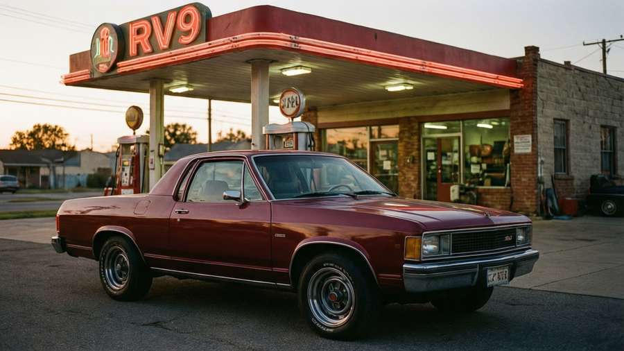 Burgundy MG RV8 at a vintage gas station — Mg Rv8 Wallpaper