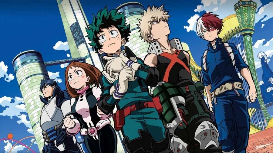 Anime-Charaktere in Heldenkostümen, die in einer futuristischen Stadt stehen. — Mha Wallpaper