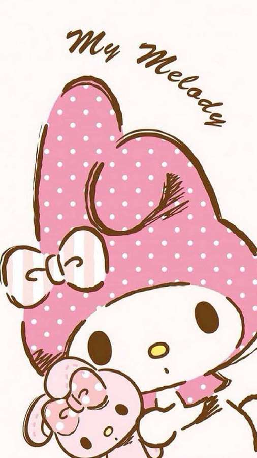 Personaje de dibujos animados My Melody sosteniendo una versión más pequeña de sí misma con lazo rosa de lunares. — Mi Melodía Fondos de pantalla
