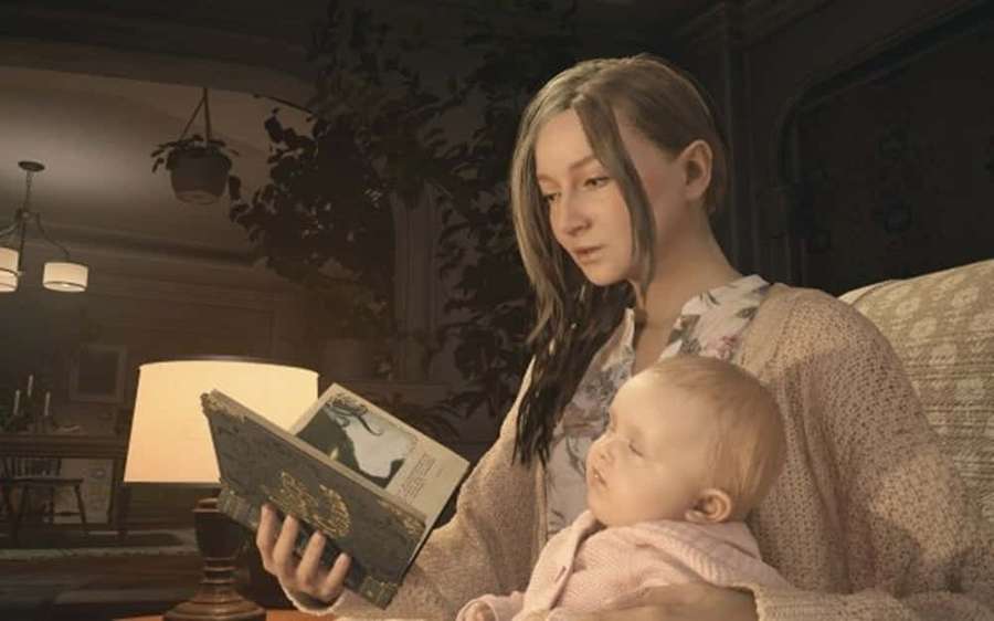 Woman reading a book to a sleeping baby in a cozy living room. — Mia Winters Wallpaper