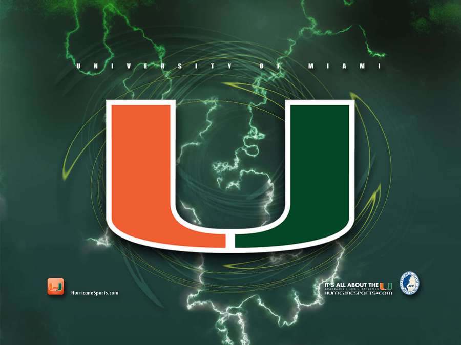 Miami Hurricanes-Logo mit Blitzeffekten auf dunkelgrünem Hintergrund — Miami Hurricanes Wallpaper