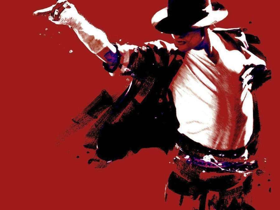 Dancer in fedora and white shirt posing dynamically against red background with paint splatters. — Michael Jackson Aesthetic Wallpaper