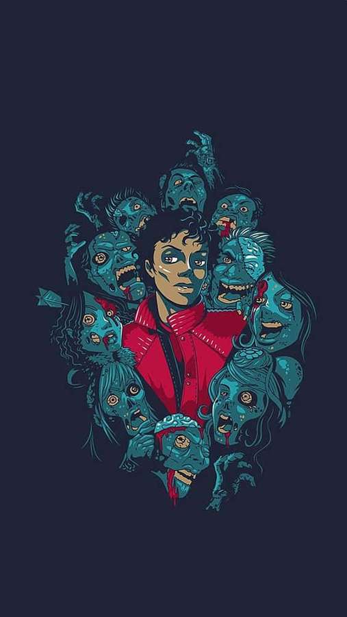 Michael Jackson surrounded by zombie faces in a stylized illustration. — Michael Jackson Thriller Wallpaper