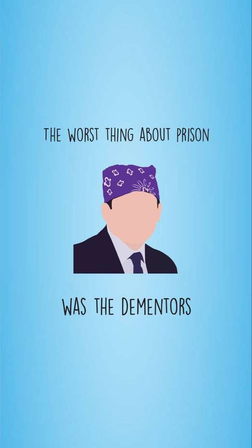 Man in suit with purple bandana text about prison and dementors — Michael Scott Background