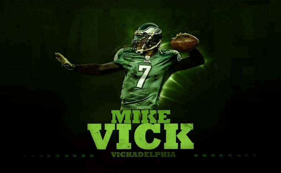 Amerikkalainen jalkapalloilija Mike Vick vihreässä paidassa numero 7 heittää palloa hehkuvalla vihreällä tekstillä. — Michael Vick Taustakuvat