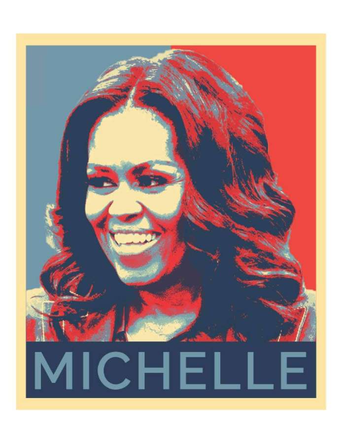 Pop-Art-Poster von Michelle Obama, lächelnd mit Rot-, Blau- und Cremetönen. — Michelle Obama Bilder