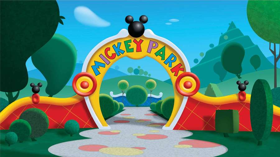 Ein farbenfroher Cartoon-Eingang zum Mickey Park mit Mickey-Mouse-Ohren und Tupfen. — Mickey Bilder