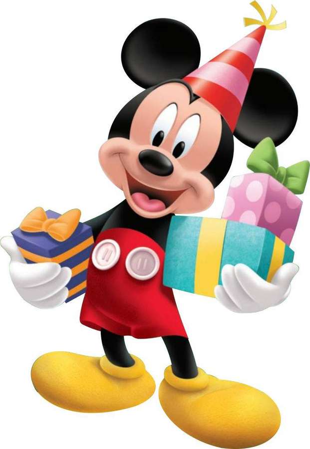 Mickey Mouse sosteniendo dos regalos de cumpleaños con un gorro de fiesta. — Mickey Mouse Cumpleaños Fondos de pantalla