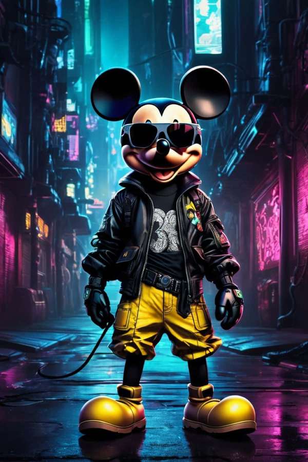 Mickey Mouse de jaqueta de couro e óculos escuros em um beco iluminado por néon. — Mickey Mouse Gangster Papéis de Parede