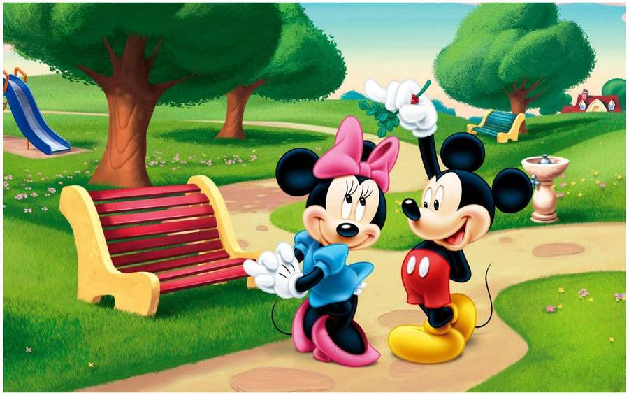 Mickey and Minnie Mouse in a colorful cartoon park with trees and a bench. — Mickey Mouse HD Wallpaper