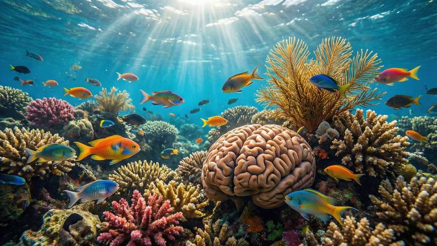 Vibrant underwater coral reef in Micronesia with colorful fish and sun rays. — Micronesia Background