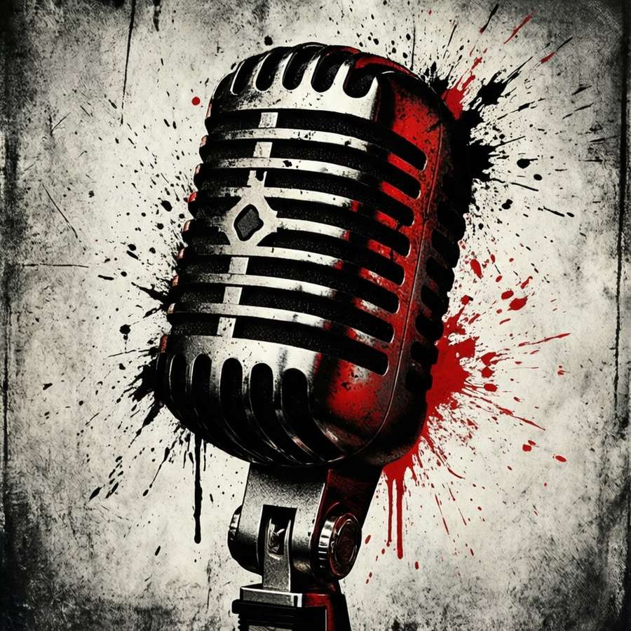 A grunge textured microphone silhouette with paint splatters, punk style. — Microphone Silhouette Wallpaper