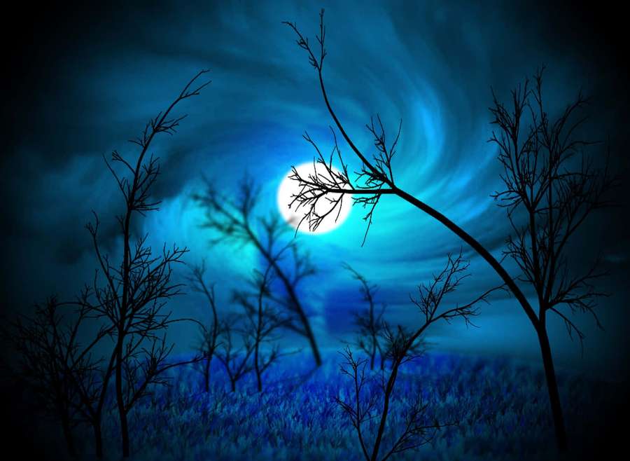 Bare trees silhouetted against a glowing moon in a dark blue night sky. — Midnight Background
