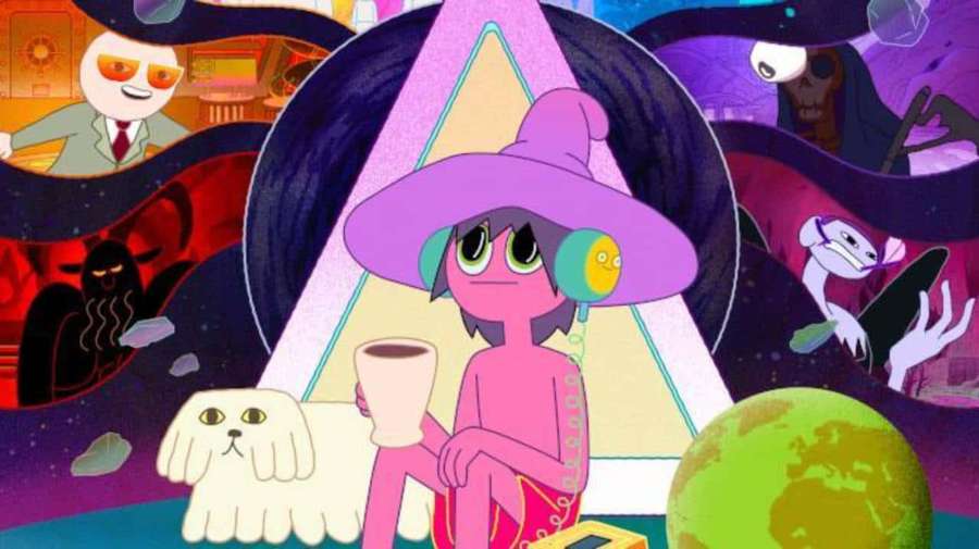 Pink witch in purple hat holding coffee cup in cosmic scene with floating planets and quirky characters. — Midnight Gospel Desktop Wallpaper