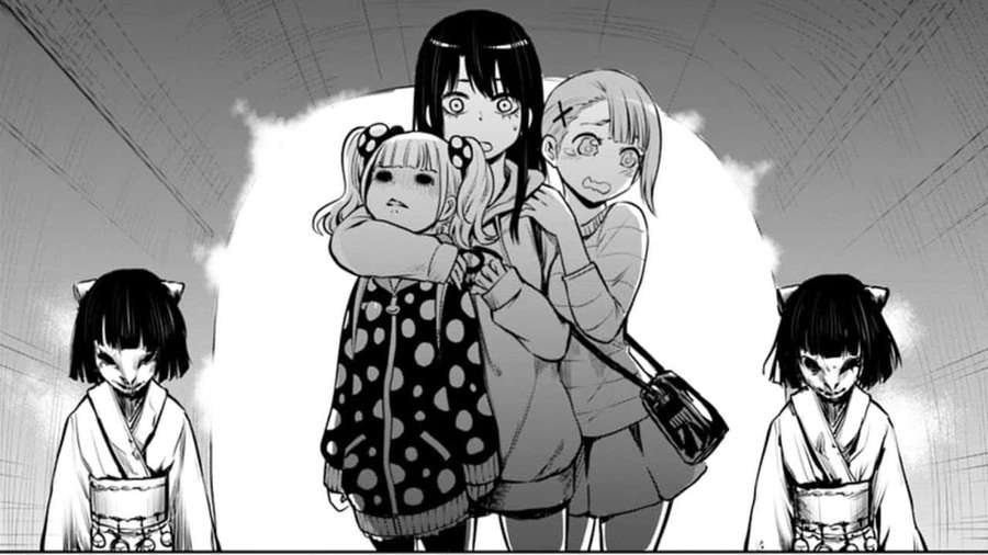 Three frightened girls huddled together as cat-eared figures stand menacingly in a tunnel. — Mieruko Chan Background