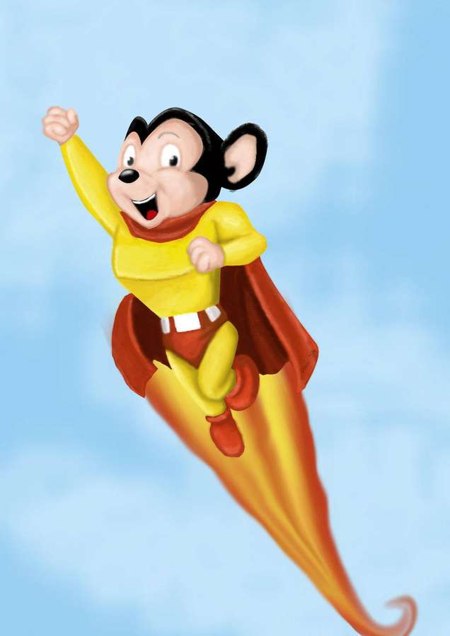 A cartoon mouse superhero flying with a fiery trail against a blue sky. — Mighty Background
