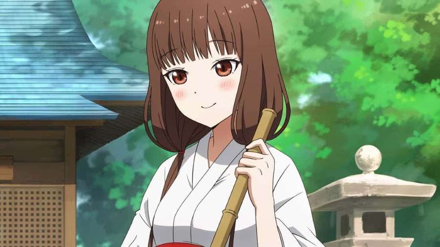 Anime girl in white kimono holding bamboo staff at Japanese shrine. — Miho Azuki Wallpaper