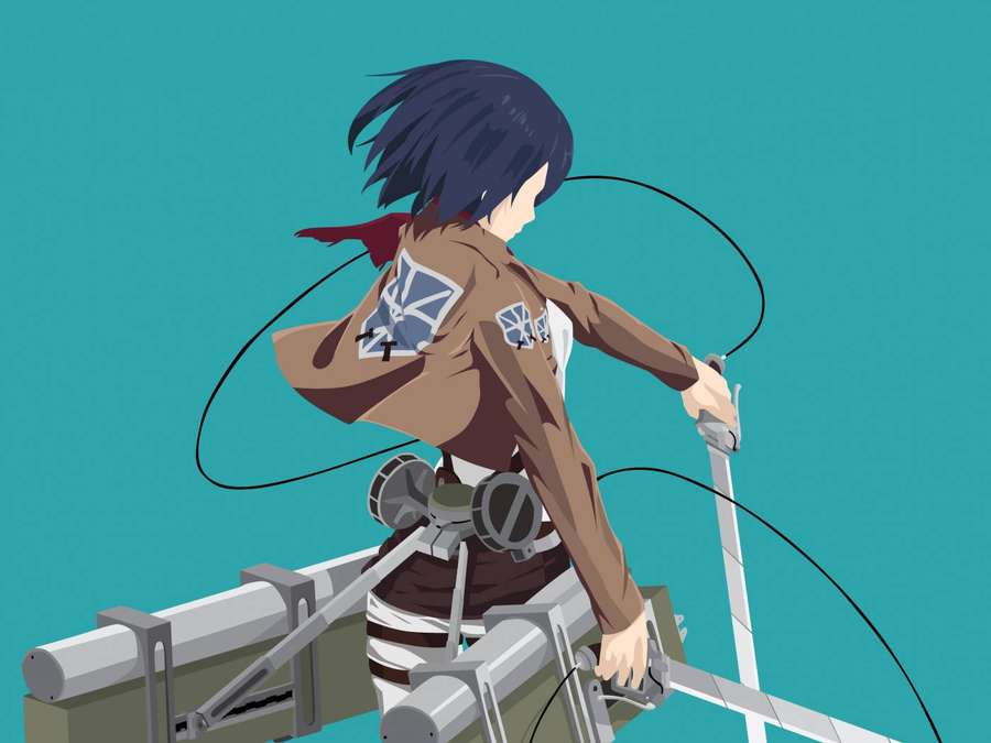 Anime soldier in gear swinging on ropes against teal background. — Mikasa Ackerman Background