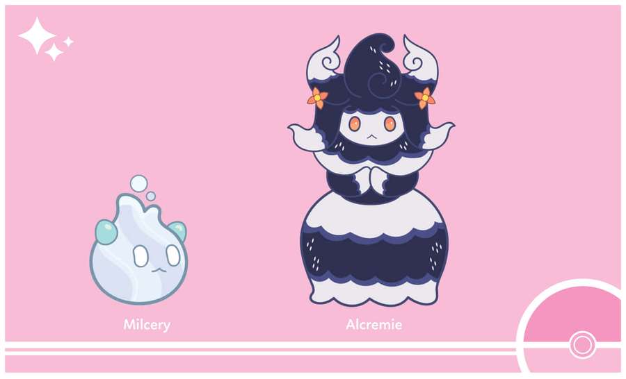Zwei Pokémon-Charaktere Milcery und Alcremie auf rosa Hintergrund mit Glitzern. — Milcherei Bild Wallpaper