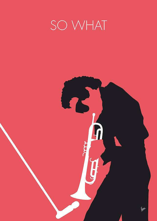 Schwarze Silhouette eines Trompeters mit weißem Instrument und Text vor Korallenhintergrund. — Miles Davis Bilder