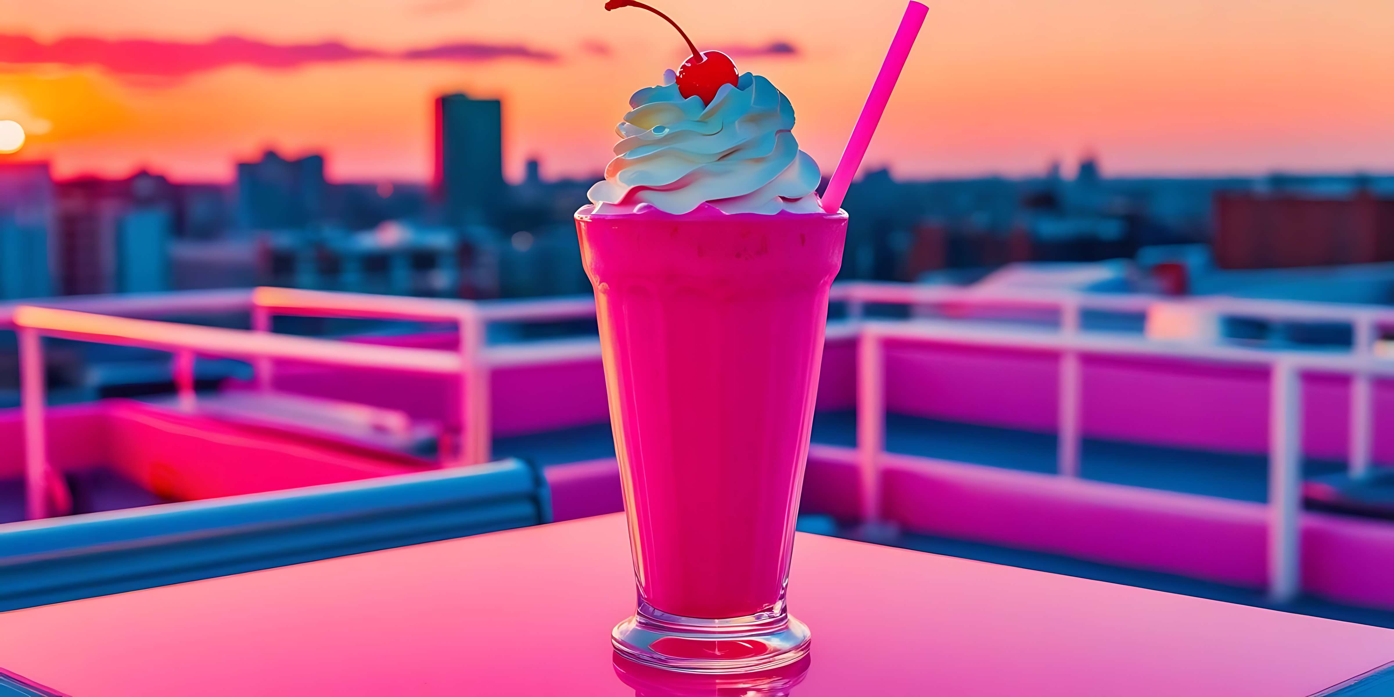 Pink milkshake with cherry on rooftop at sunset — Milkshake Wallpaper
