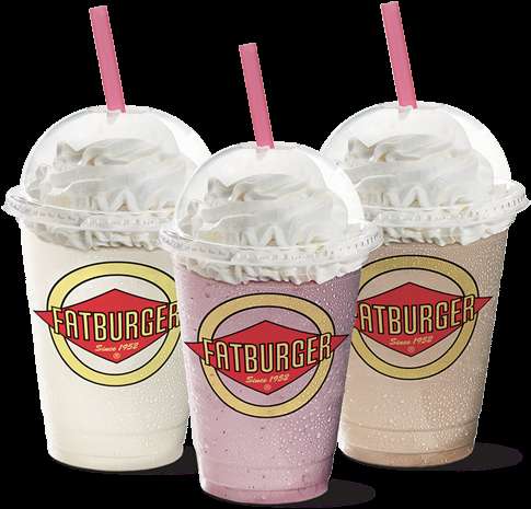 Three Fatburger milkshakes topped with whipped cream and pink straws. — Milkshake PNG
