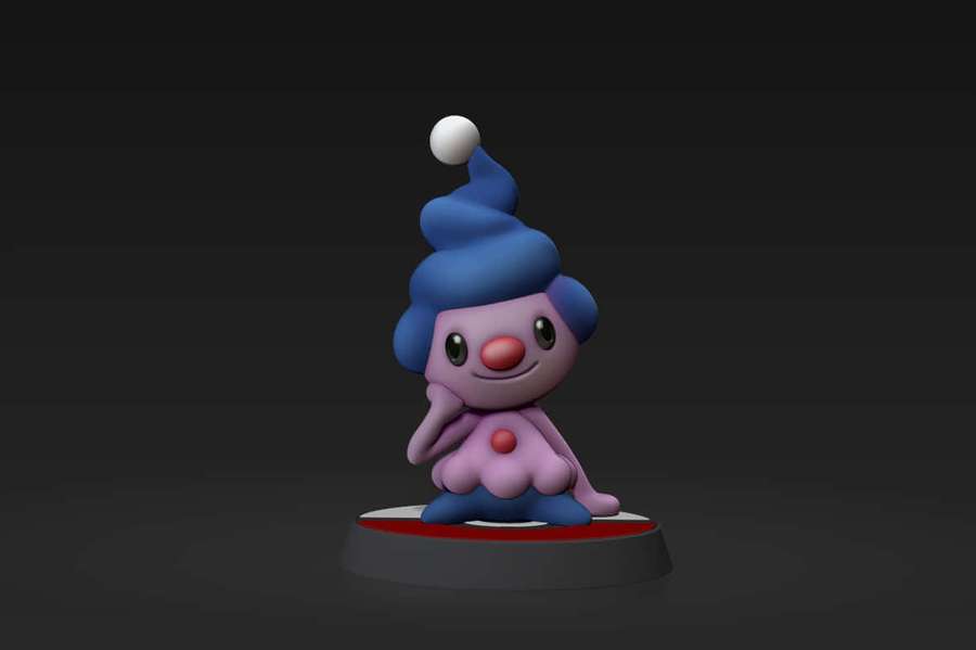 En lilla Pokémon-figur med en blå spiralhatt og rød nese som sitter på en rød base. — Mime Jr. Bakgrunner