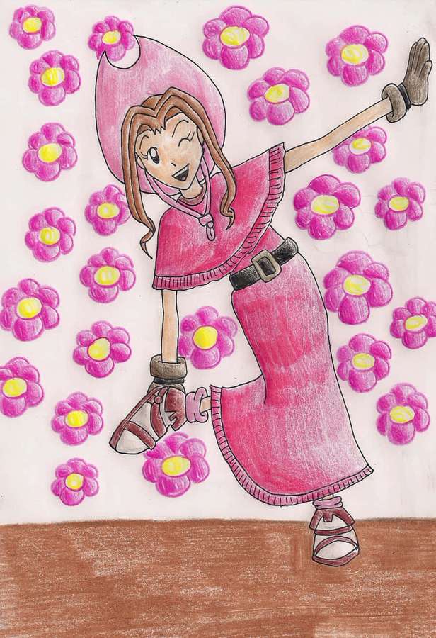 Anime girl in pink dancing among pink flowers — Mimi Tachikawa Wallpaper