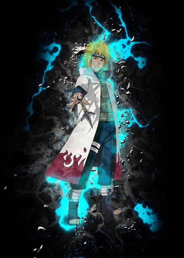 Ninja de anime com chakra azul brilhante e efeitos de vidro quebrado. — Minato Papéis de Parede