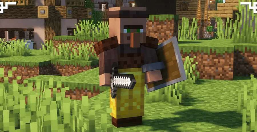 Aldeano de Minecraft sosteniendo espada y escudo en campo de hierba — Minecraft Aldeano Fondos de pantalla