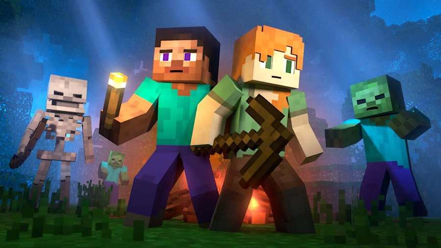 Minecraft characters with torch and axe near skeletons and zombies in a pixelated forest at night. — Minecraft Alex Wallpaper