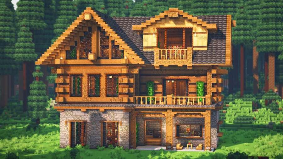 En pixeltræhytte med stenbase i en skov — Minecraft Architecture Wallpapers