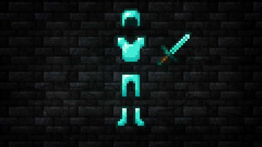 Pixel-Minecraft-kriger med sværd glødende mod mørk murstensvæg. — Minecraft Armor Wallpapers