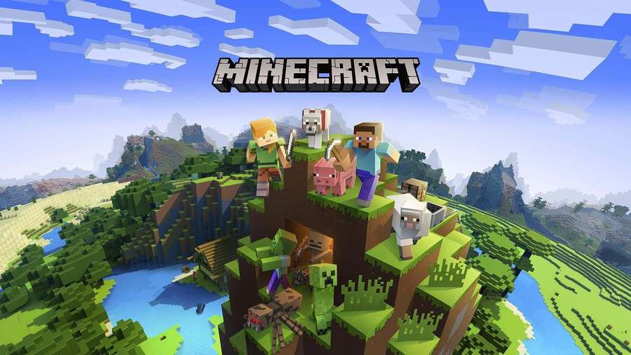 Minecraft characters and animals on a cliff overlooking a pixelated valley. — Minecraft Background
