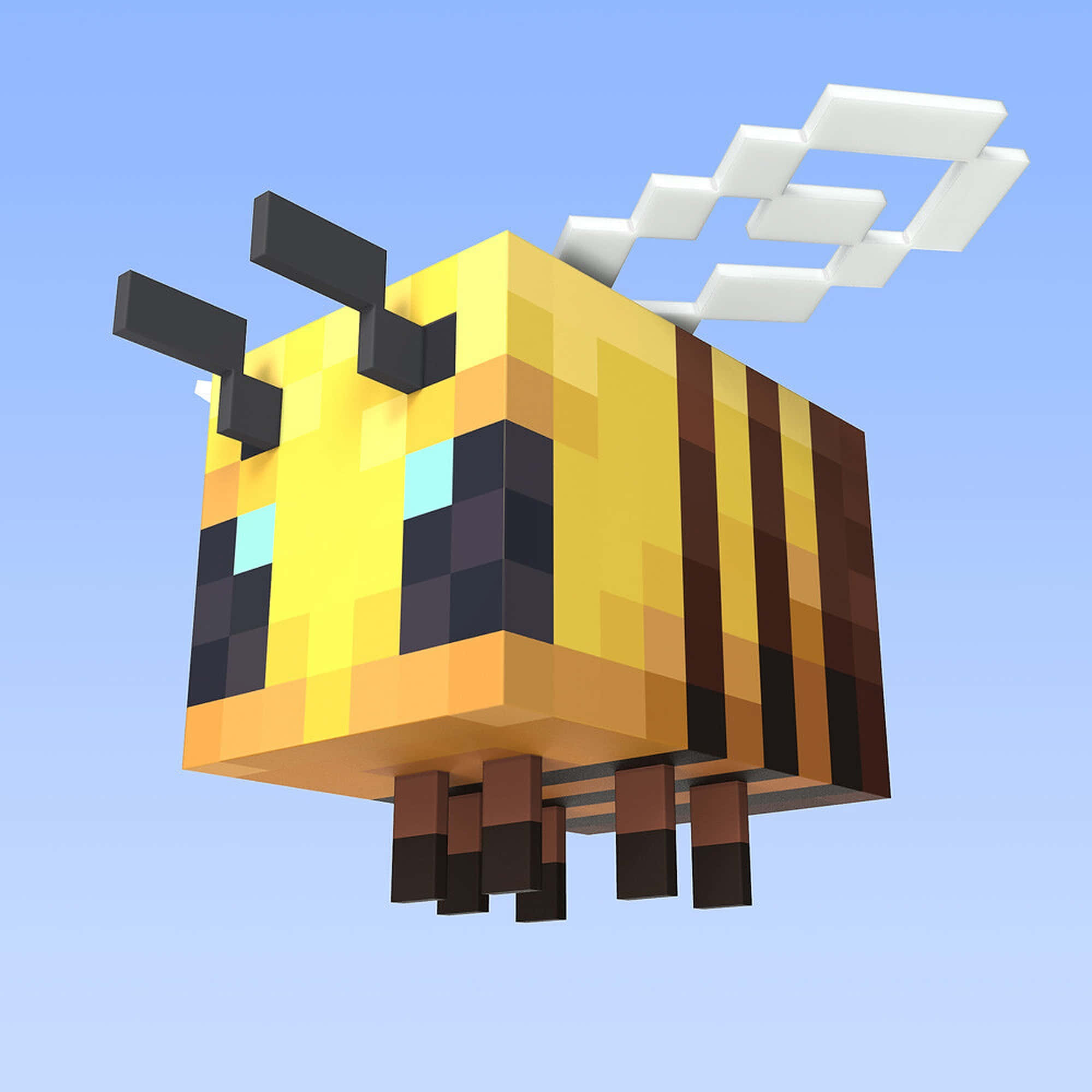 A blocky pixelated bee flying with white wings against a blue sky. — Minecraft Bee Background