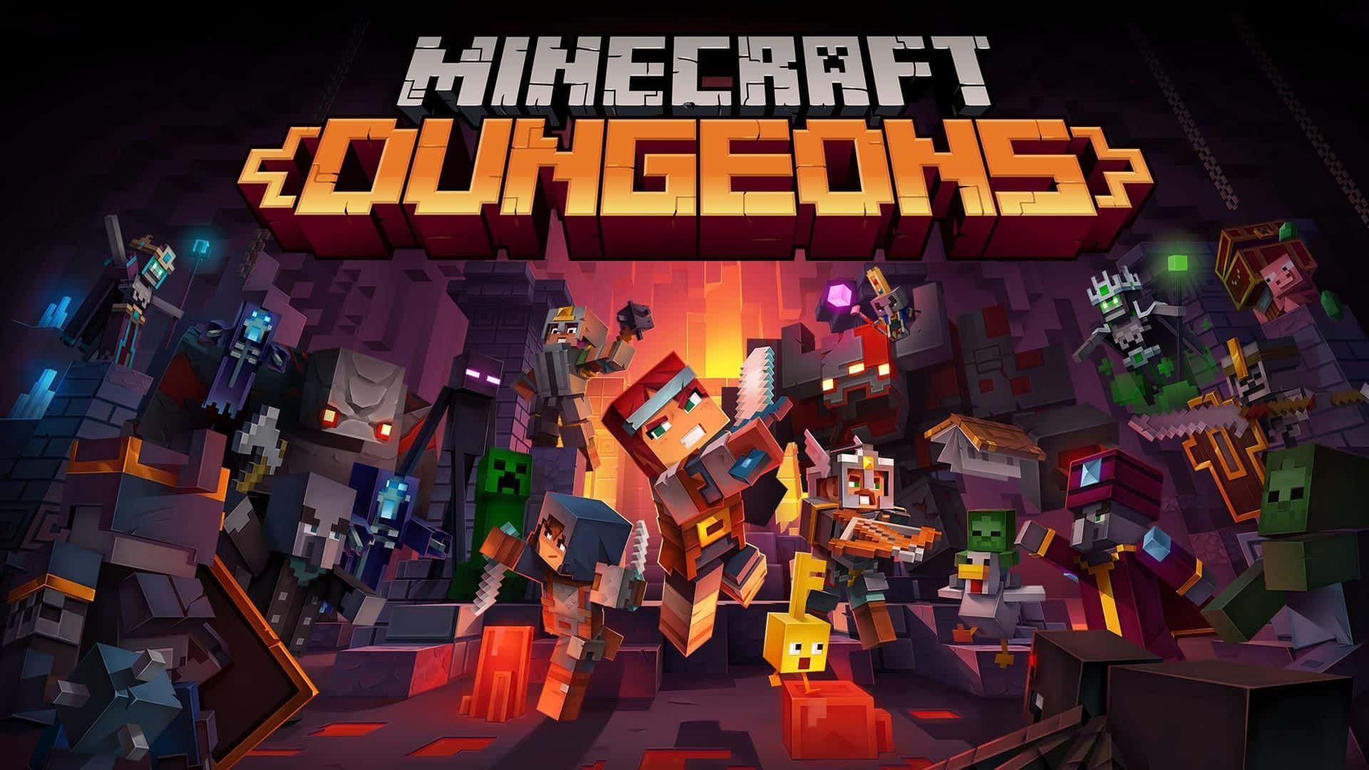Minecraft Dungeons game characters in a pixelated dungeon scene with glowing effects. — Minecraft Dungeons Background
