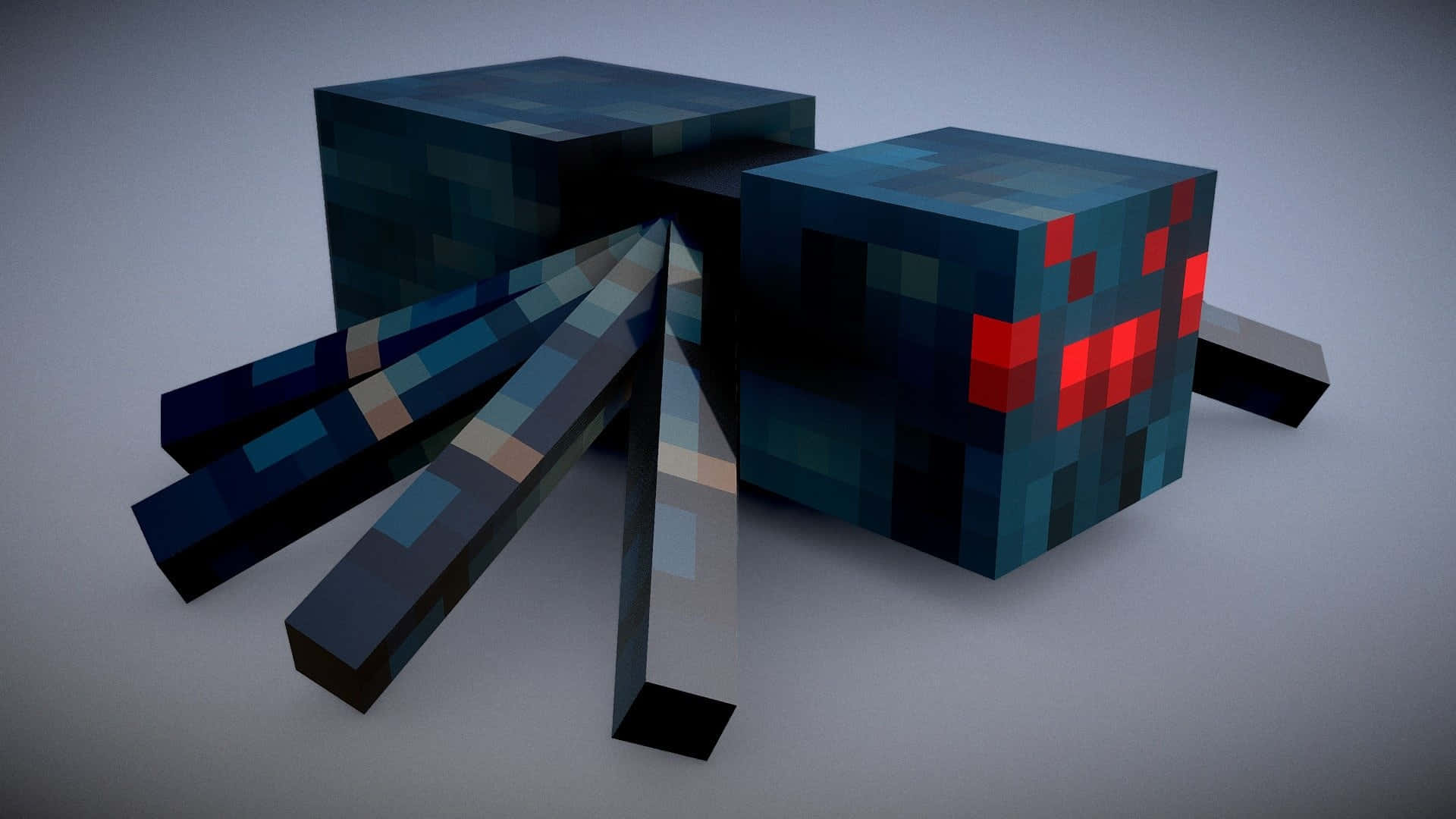 En blokkaktig pikselert edderkopp med glødende røde øyne og blå kropp. — Minecraft Edderkopp Bakgrunner