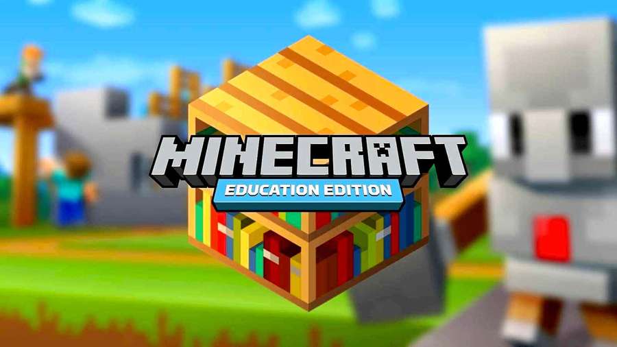 Minecraft Education Edition logo with bookshelf block and pixel characters in a grassy outdoor scene. — Minecraft Education Edition Wallpaper