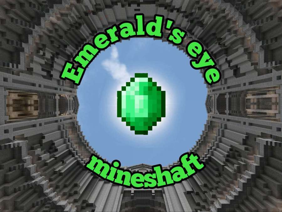 Pixelated emerald in Minecraft mineshaft tunnel with sky visible — Minecraft Emeralds Wallpaper