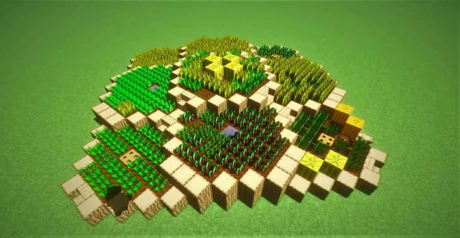 Floating Minecraft island with pixelated crops and stone paths on green background — Minecraft Farming Wallpaper