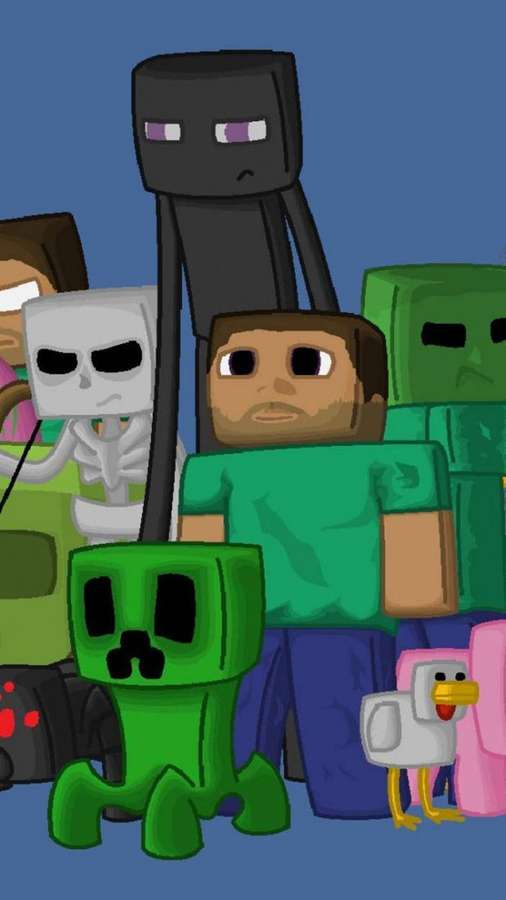 Minecraft characters like Steve Enderman and Creeper standing together. — Minecraft iPhone Background