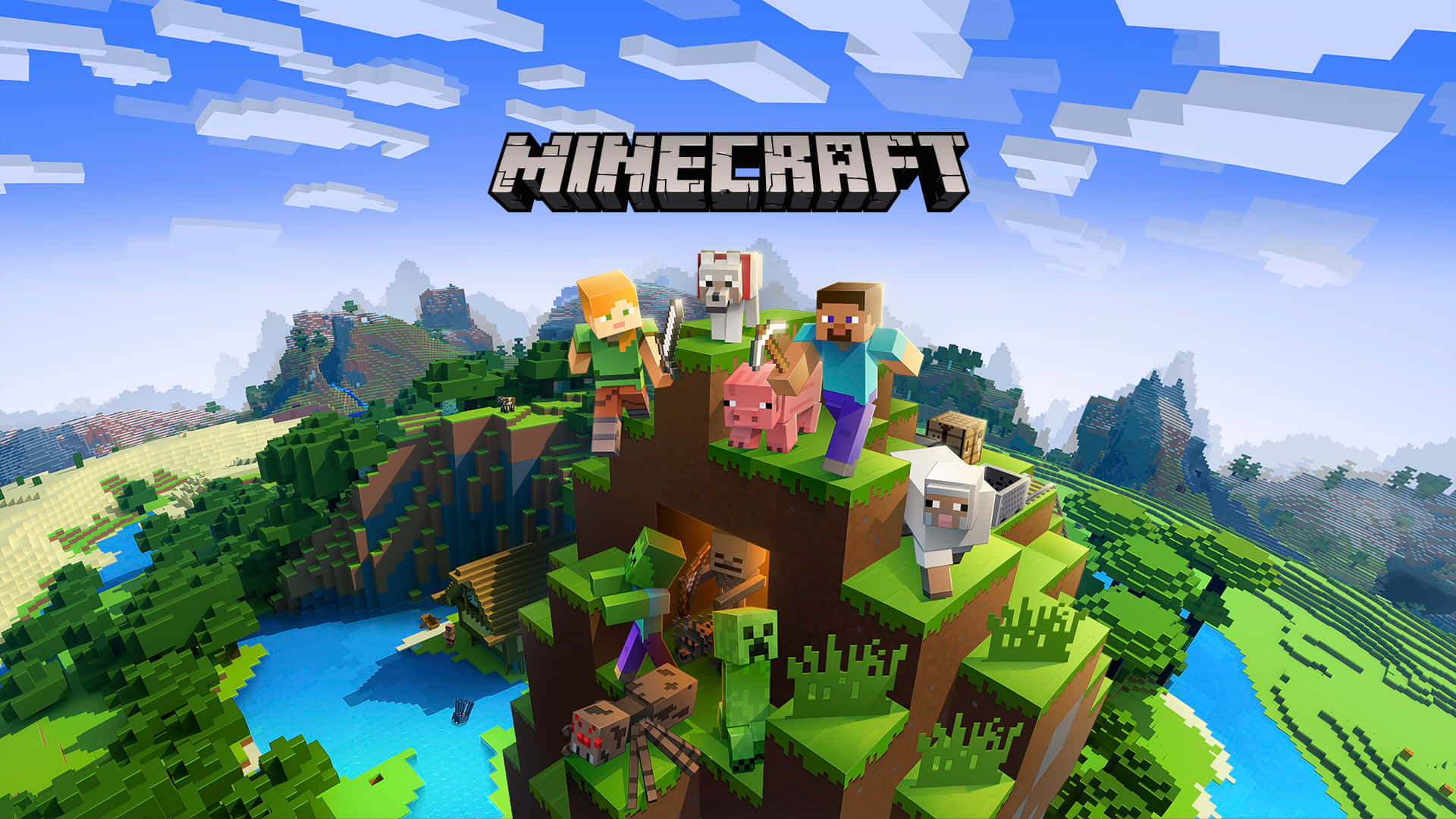 Minecraft characters and animals on a cliff overlooking a pixelated valley. — Minecraft Landscape Wallpaper