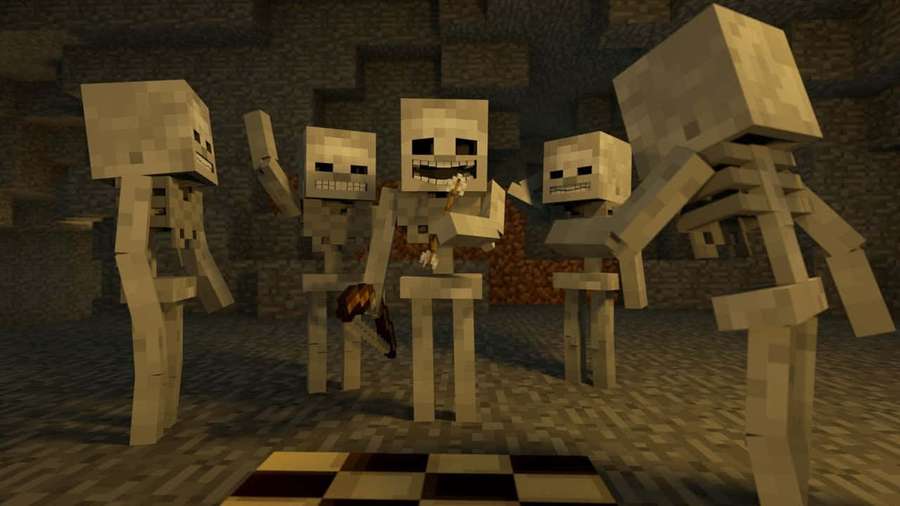 Neljä lohkomaista Minecraft-luurankoa kivityrmässä, jossa on ruudullinen lattia. — Minecraft Luuranko Taustakuvat